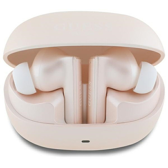 Guess GUTWST88MCTGP TWS Bluetooth fejhallgató + dokkoló állomás, rózsaszín, kapszula alakú, nyomtatott logóval