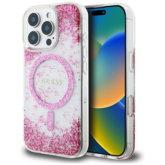 Guess HC gyanta aljú, csillámos MagSafe iPhone 16 Pro tok - rózsaszín