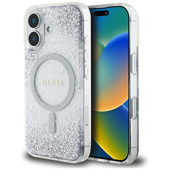 Guess HC gyantás aljú, csillogós MagSafe tok iPhone 16-hoz - ezüst