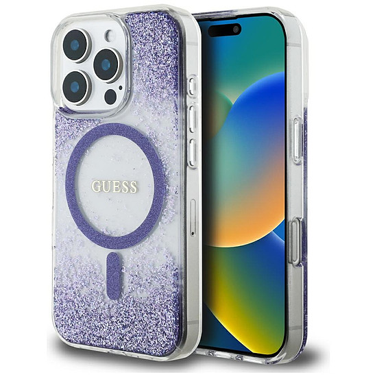 Guess HC gyantás aljú, csillogós MagSafe tok iPhone 16 Próhoz - lila