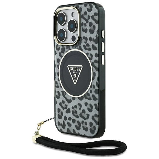 Guess HC IML Leopard háromszög alakú zsinóros MagSafe tok iPhone 16 Próhoz, fekete