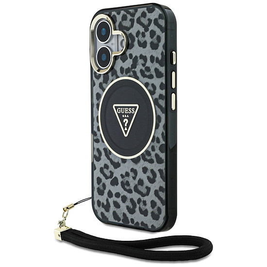 Guess HC IML Leopard Triangle Cord Strap MagSafe tok iPhone 16-hoz - fekete