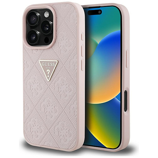 Guess Hot Stamp 4G mintás háromszög fém logós iPhone 16 Pro Max tok - rózsaszín