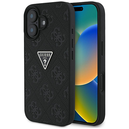 Guess Hot Stamp 4G mintás háromszög fém logós iPhone 16 tok - fekete