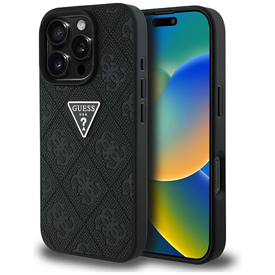 Guess Hot Stamp 4G mintás háromszög fém logós tok iPhone 16 Pro-hoz - fekete