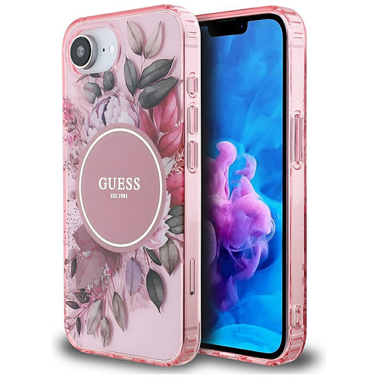 Guess IML Flowers MagSafe iPhone 16e tok - rózsaszín