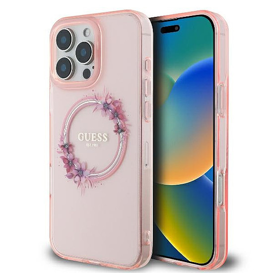 Guess IML Flowers Wreath MagSafe iPhone 16 Pro tok - rózsaszín