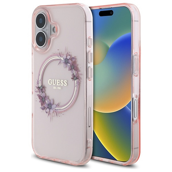 Guess IML Flowers Wreath MagSafe iPhone 16 tok - rózsaszín