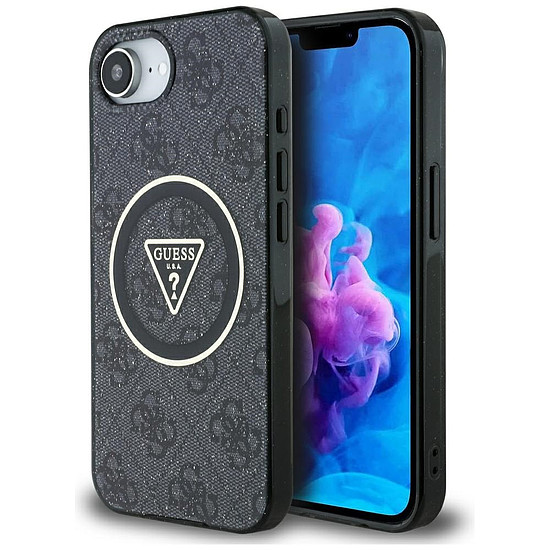 Guess IML Metal Glitter 4G kör alakú háromszög MagSafe tok iPhone 16e-hez, fekete