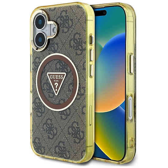 Guess IML Metal Glitter 4G kör háromszög MagSafe tok iPhone 16-hoz, barna
