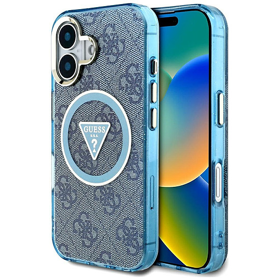 Guess IML Metal Glitter 4G kör háromszög MagSafe tok iPhone 16-hoz, kék