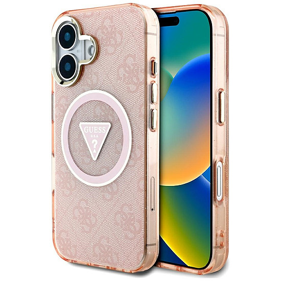 Guess IML Metal Glitter 4G kör háromszög MagSafe tok iPhone 16-hoz - rózsaszín