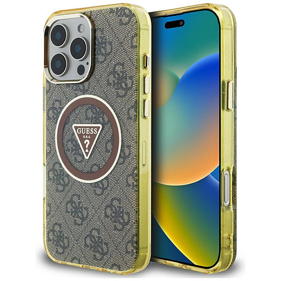 Guess IML Metal Glitter 4G kör háromszög MagSafe tok iPhone 16 Próhoz, barna