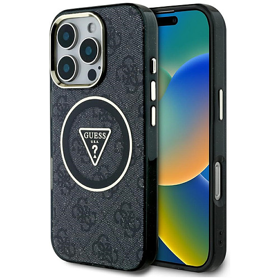 Guess IML Metal Glitter 4G kör háromszög MagSafe tok iPhone 16 Próhoz, fekete