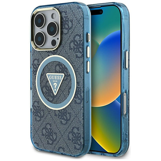 Guess IML Metal Glitter 4G kör háromszög MagSafe tok iPhone 16 Próhoz, kék