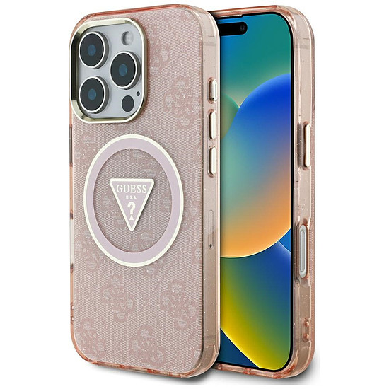 Guess IML Metal Glitter 4G kör háromszög MagSafe tok iPhone 16 Próhoz, rózsaszín