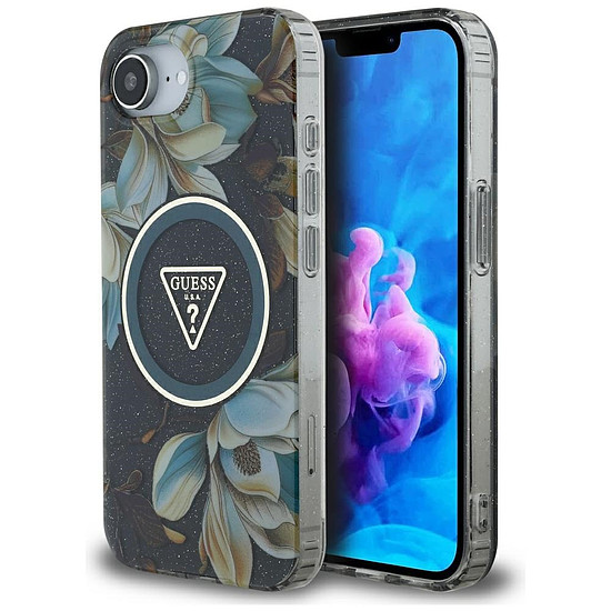 Guess IML Metal Glitter Flowers Triangle MagSafe tok iPhone 16e-hez - fekete