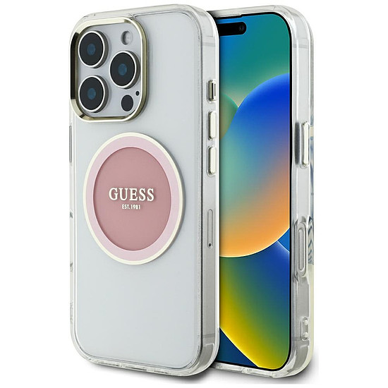 Guess IML Metal színes kör klasszikus logós MagSafe iPhone 16 Pro tok - rózsaszín