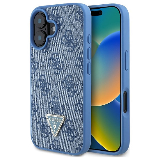 Guess kemény bőr 4G háromszög alakú strasszos MagSafe tok iPhone 16-hoz, kék