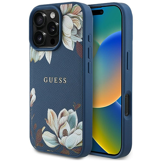 Guess MagSafe iPhone 16 Pro Max tok, kék, szemcsés, nyomtatott virágmintás