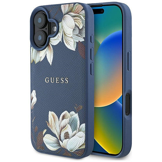 Guess MagSafe iPhone 16 tok, kék, szemcsés, nyomtatott virágmintás