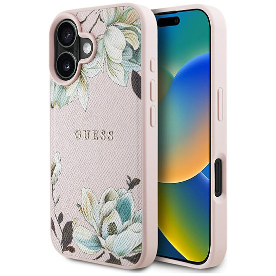Guess MagSafe iPhone 16 tok, szemcsés, virágmintás, rózsaszín