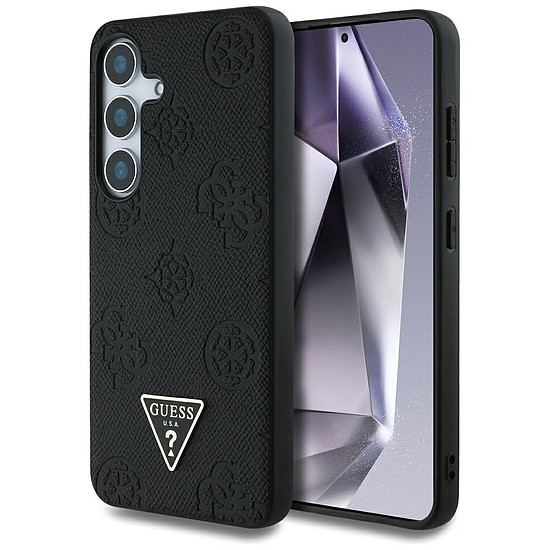 Guess MagSafe tok Samsung Galaxy S25 készülékhez, fekete, szemcsés, forróbélyegzős, bazsarózsa mintás, háromszög logóval, fekete