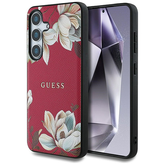 Guess MagSafe tok Samsung Galaxy S25 készülékhez, fukszia színű, szemcsés nyomtatott virágmintával