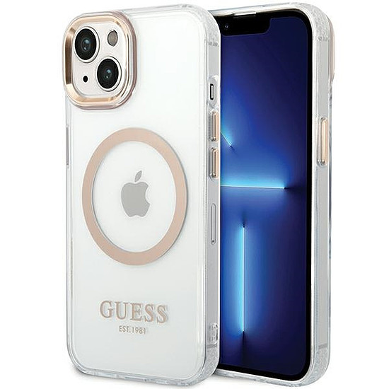 Guess Metal Outline MagSafe tok iPhone 15 Plus / 14 Plus-hoz - arany