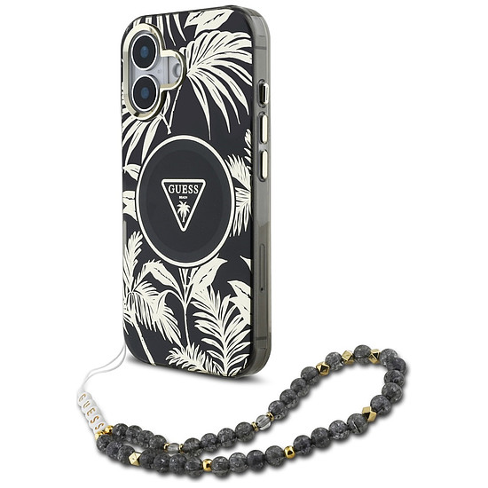 Guess Palm Trees Triangle Pearl Strap MagSafe iPhone 16 tok, fekete