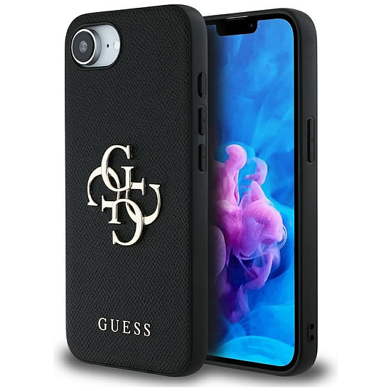 Guess PU Grained 4G fém logós tok iPhone 16e-hez - fekete