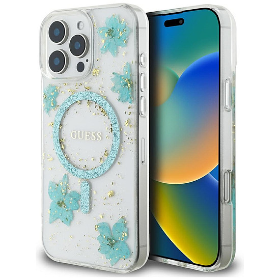 Guess Resin Flowers Glitter MagSafe iPhone 16 Pro tok - átlátszó zöld