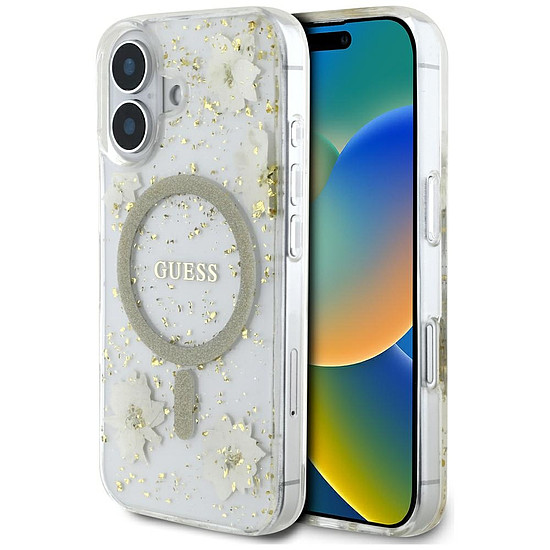 Guess Resin Flowers Glitter MagSafe iPhone 16 tok - bézs
