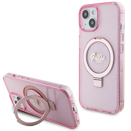 Guess Ring Stand Script Glitter MagSafe tok iPhone 15 Plus / 14 Plus készülékhez - rózsaszín