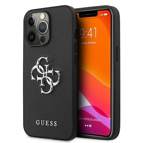 Guess Saffiano 4G nagy ezüst logó - tok iPhone 13 Pro készülékhez fekete (GUHCP13LSA4GSBK)