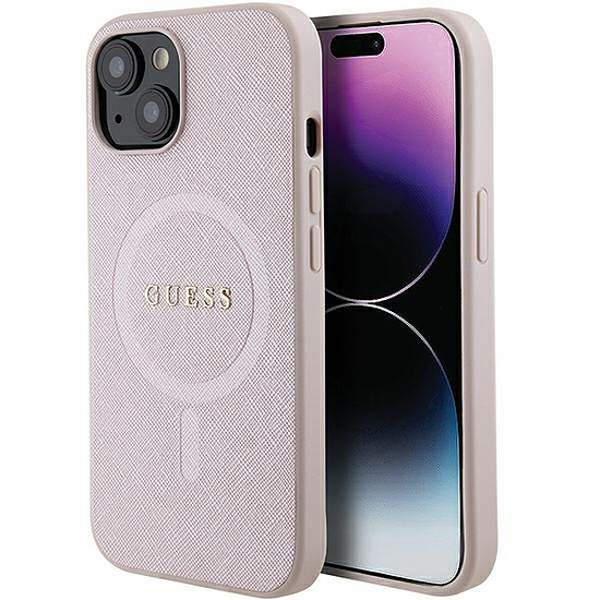 Guess Saffiano MagSafe tok iPhone 15 Plushoz - rózsaszín