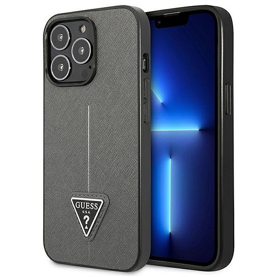 Guess Saffiano Triangle logós tok - borító iPhone 13 Pro készülékhez ezüst (GUHCP13LPSATLG)