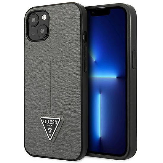 Guess Saffiano Triangle logós tok - borító iPhone 13 telefonhoz ezüst (GUHCP13MPSATLG)
