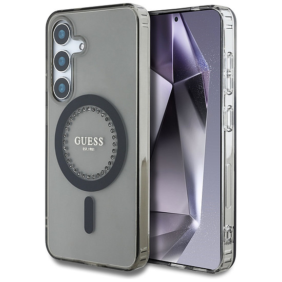 Guess strasszokkal nyomtatott klasszikus logós MagSafe Samsung Galaxy S25 tok fekete