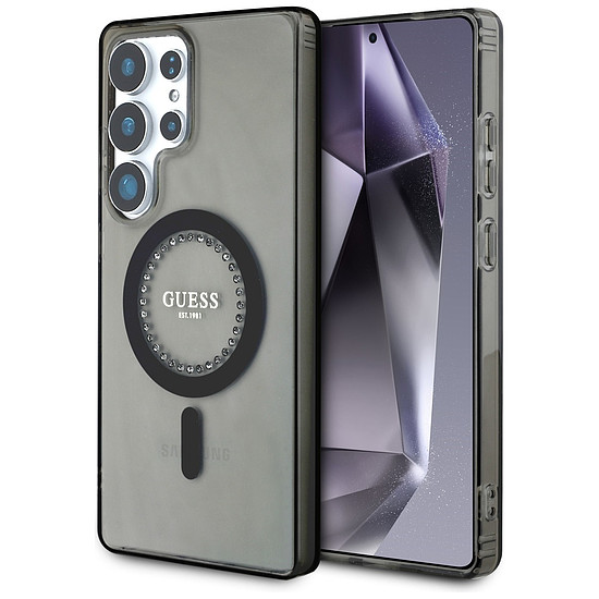 Guess strasszos nyomtatott klasszikus logós MagSafe Samsung Galaxy S25 Ultra tok fekete