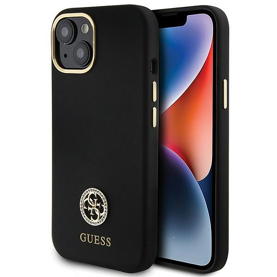 Guess szilikon logós strassz 4G tok iPhone 15-höz, fekete