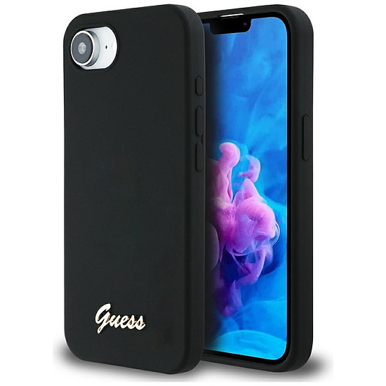 Guess szilikon Script fém logós MagSafe iPhone 16e tok - fekete