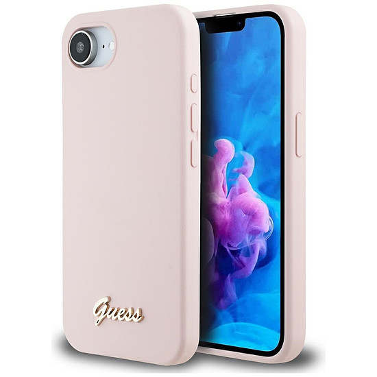 Guess szilikon Script fém logós MagSafe iPhone 16e tok - rózsaszín
