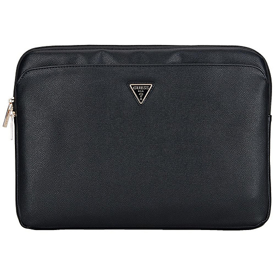 Guess ujjú, szemcsés, cipzáras zsebes, háromszög logós 14"-es laptop táska, fekete