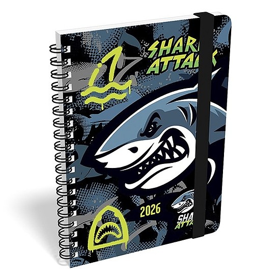 Határidőnapló 2026 LIZZY CARD B/6 heti spirálozott gumis Shark attack