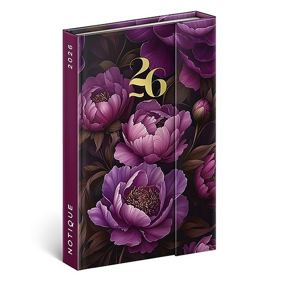 Határidőnapló 2026 mágnessel záródó REALSYSTEM 110x160mm heti sárga lapos Purple flowers