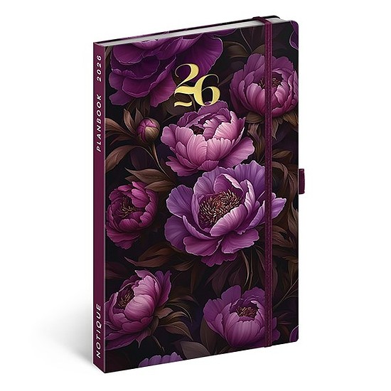 Határidőnapló 2026 REALSYSTEM 130x210 mm 2 hét oldalpáronként sárga lapos Purple flowers