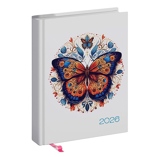 Határidőnapló 2026 REALSYSTEM Librobello "Hölgyeknek" B/6 napi fehér lapos 3D lakk Lepke