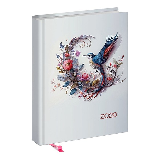 Határidőnapló 2026 REALSYSTEM Librobello "Hölgyeknek" B/6 napi fehér lapos 3D lakk Kolibri