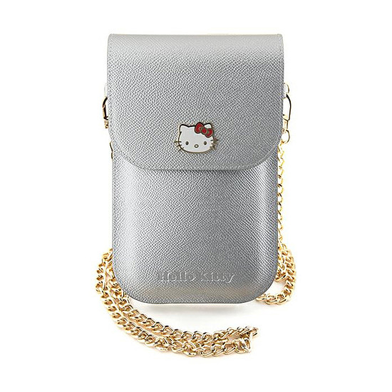 Hello Kitty bőr fém logós lánc - kereszttartós telefontáska ezüst (HKOWBPGHDLMS)